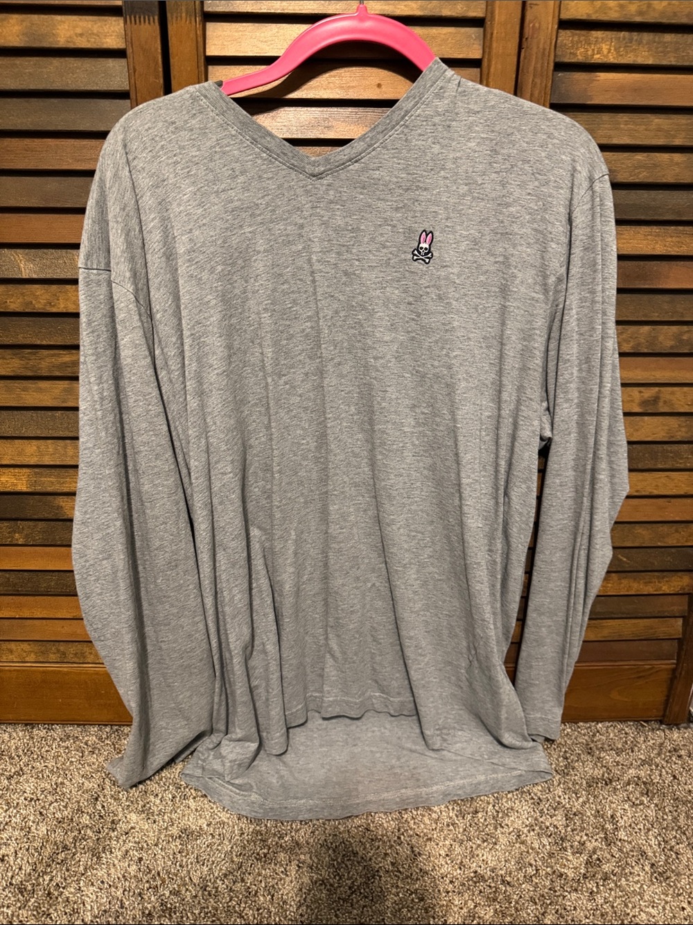 Psycho Bunny Gray V-Neck Long Sleeve Tee with Pink Bunny Logo